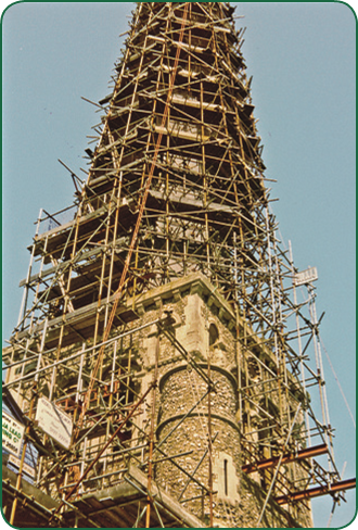 Spire covered in scaffolding during the 1980s restoration 